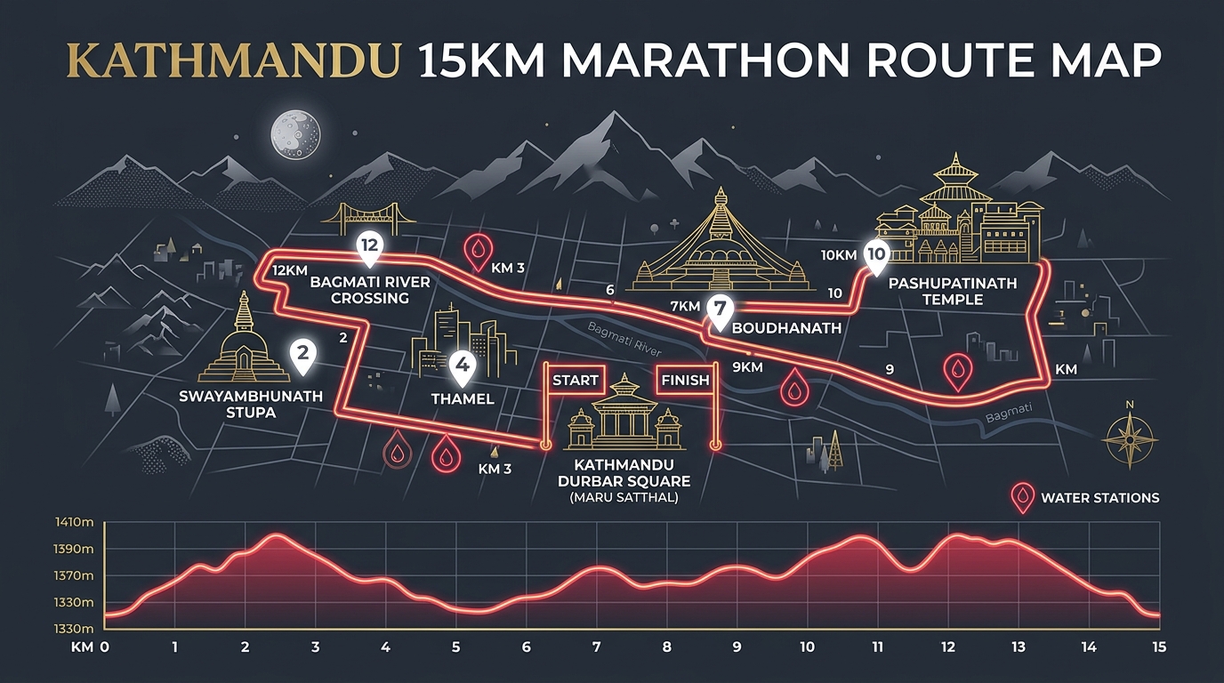 Kathmandu 15 KM Marathon Official Route Map Blueprint